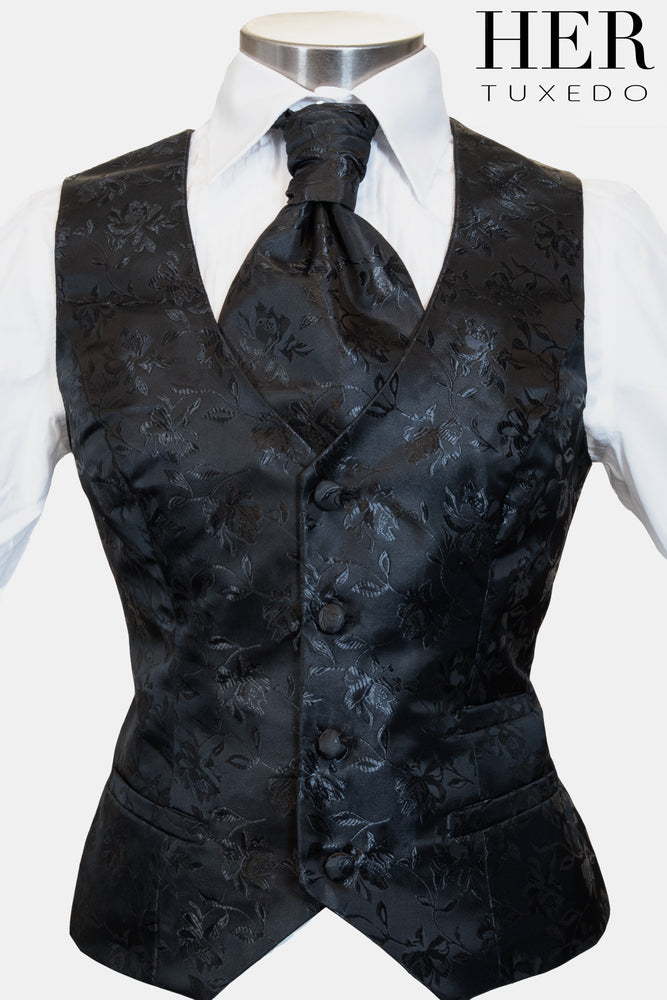 Black Onyx Opulent Damask Waistcoat (Slim Fit) - Her Tuxedo