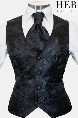 Black Onyx Opulent Damask Waistcoat (Slim Fit) - Her Tuxedo