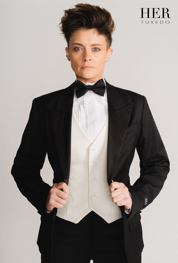 Classic Black Wide Peak Lapel Tuxedo Suit ( Pants with Tuxedo Stripe) (Two Piece) - Her Tuxedo