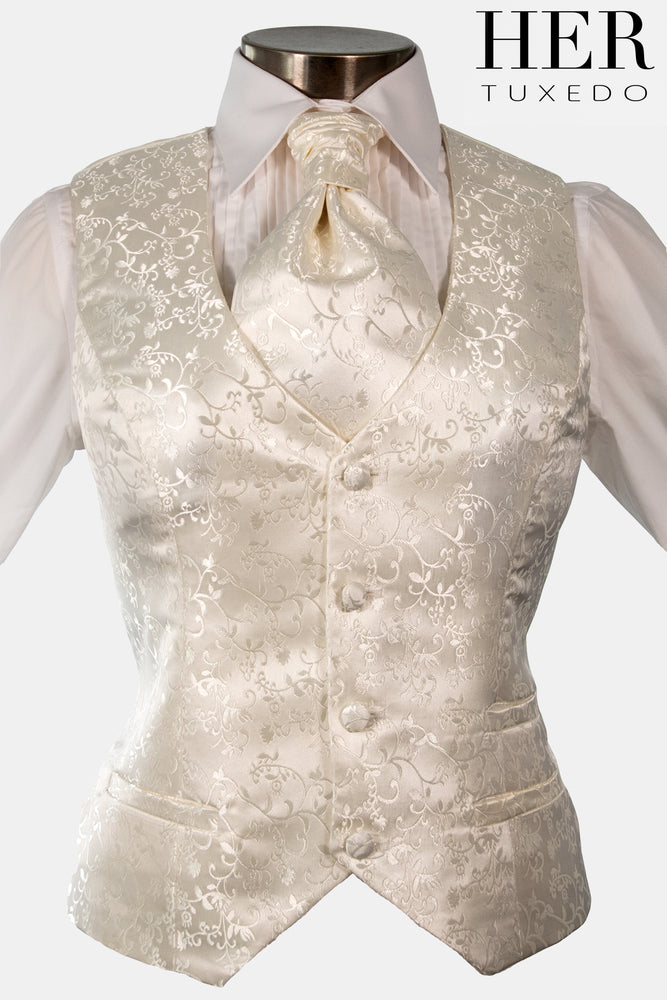 Pearl Ivory Damask Waistcoat ( Floral Vine Pattern)( Not White)(Slim Fit)