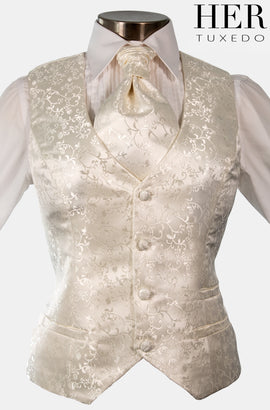 Pearl Ivory Damask Waistcoat ( Floral Vine Pattern)( Not White)(Slim Fit)